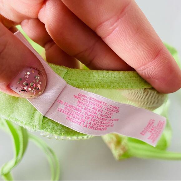 NEW VS VICTORIAS SECRET Lime Green Beige Tan Lace Bow Crystal Balconet Bra 34C - Picture 8 of 10